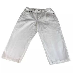 LL Bean Original White‎ Cotton Denim Capri/Cropped Pants Size 14 Elastic Panel